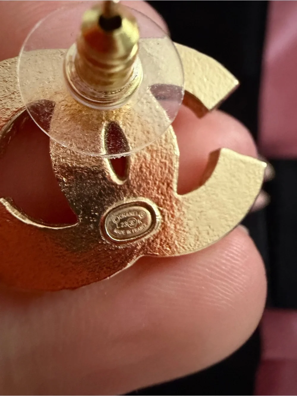 CHANEL Pink and Gold Interlocking CC Stud Earrings